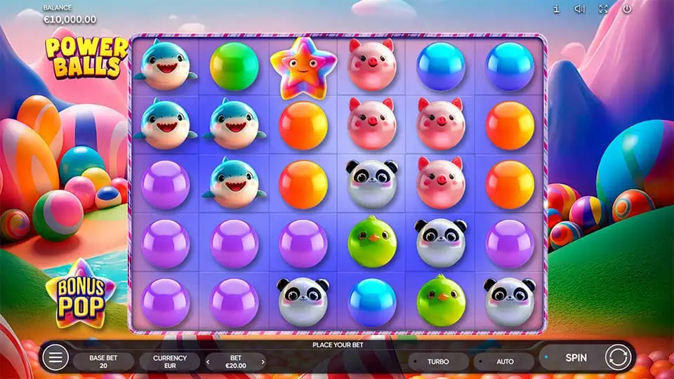 Base game screen of Power Balls showing a 6x6 grid with animal-shaped bubbles, vibrant colors, and playful background elements.