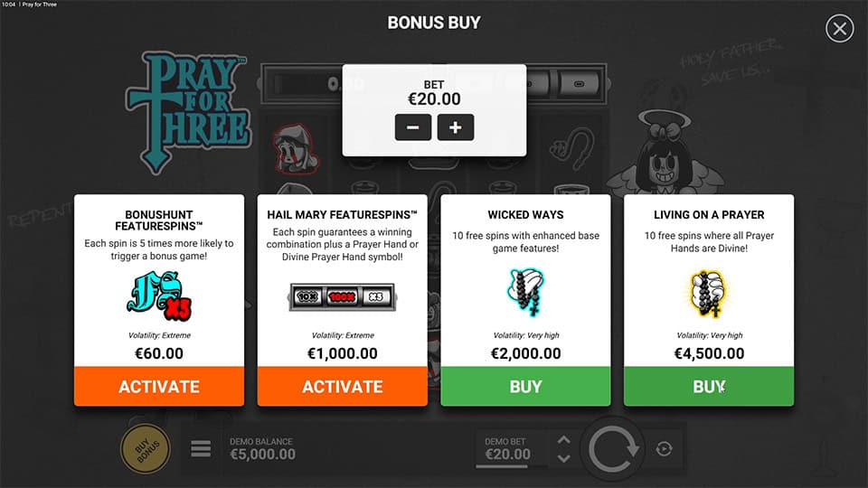 Bonus buy menu in Pray for Three with five distinct options including Bonushunt, Hail Mary, and Living on a Prayer.