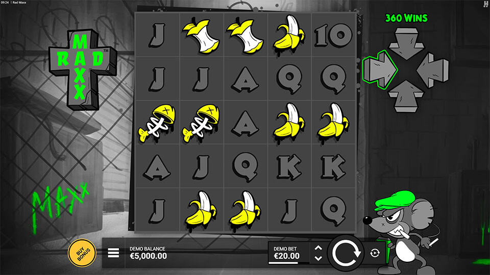 Rad Maxx base game with graffiti background, funky symbols like bananas, cheese, and sneaky mice.