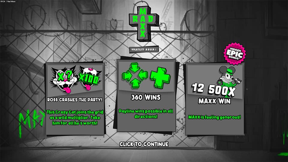 Rad Maxx intro screen featuring gameplay mechanics, volatility indicators, and 12,500x max win highlight.