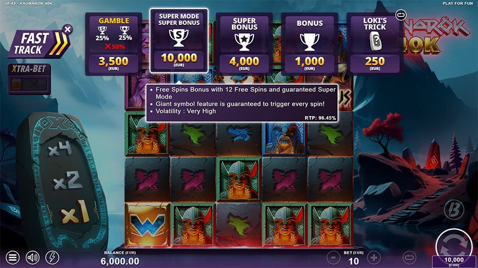 Bonus buy menu with options like Loki’s Trick, Bonus, Super Bonus, and Super Mode.