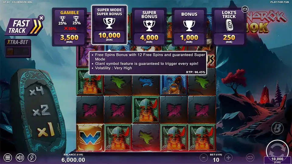 Bonus buy menu with options like Loki’s Trick, Bonus, Super Bonus, and Super Mode.