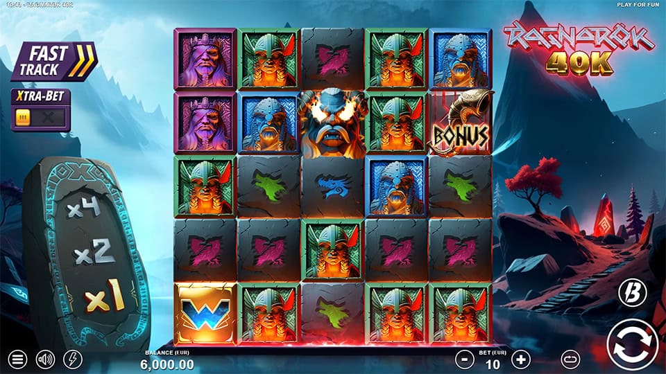 Base game screen with Viking symbols, multipliers, and bonus icons.