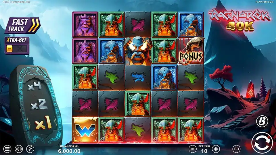 Base game screen with Viking symbols, multipliers, and bonus icons.