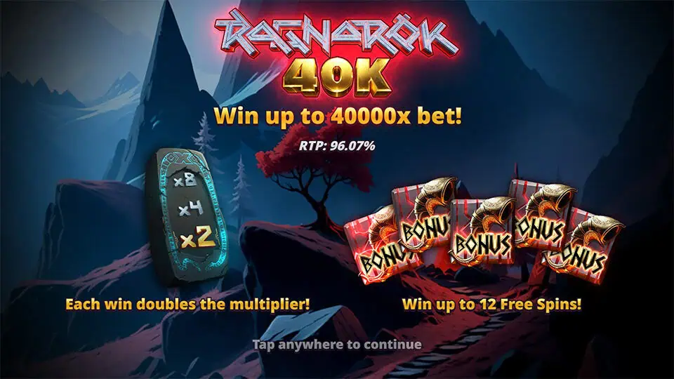 Intro screen showing max win 40,000x bet, multipliers, and free spins.