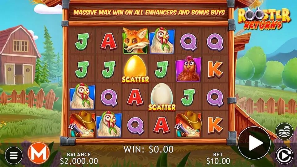 Rooster Returns slot grid with chickens, cowboy symbols, and golden scatters on a wooden board.