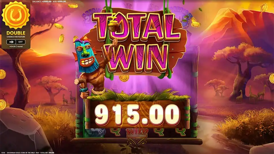 "Total Win" screen with 915.00 payout, gold coins flying, and a tribal character celebrating against a reel background.
