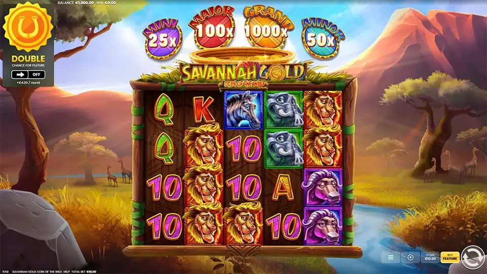 Demo gameplay screen of Savannah Legend slot with vibrant animal reels, jackpot tiers, and bonus-ready features in a sunny savannah backdrop.