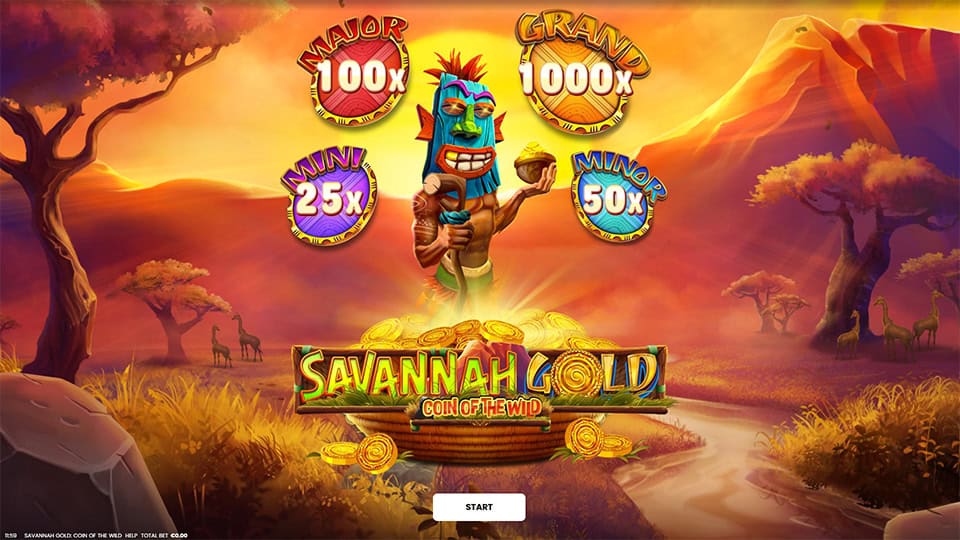 Slot screen showing animal symbols, wild coins, and jackpot tiers (Mini 25x, Major 100x, Grand 1000x, Minor 50x) with a tribal mask character in an African savannah setting.
