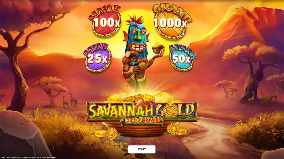 Slot screen showing animal symbols, wild coins, and jackpot tiers (Mini 25x, Major 100x, Grand 1000x, Minor 50x) with a tribal mask character in an African savannah setting.