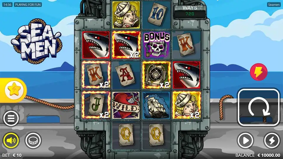 Cartoon-style reels with sharks, sailors, wilds, and bonus skull symbols over a docked submarine.