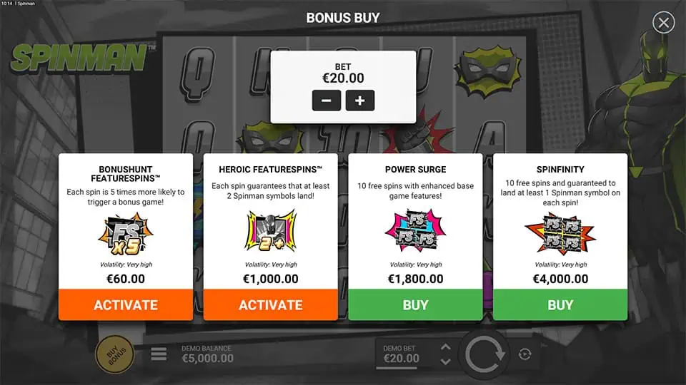 Bonus buy screen in Spinman offering four feature spins: Bonushunt, Heroic FeatureSpins, Power Surge, and Spinfinity with respective costs and volatility levels.
