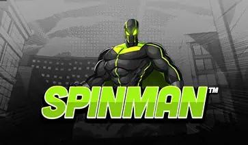 Game logo for Spinman showing a bold superhero in green and black suit standing confidently in a comic-style intro screen.