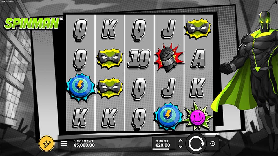 Main game screen of Spinman featuring comic-style graphics, superhero symbols, and a base grid filled with wilds, masks, and special icons.