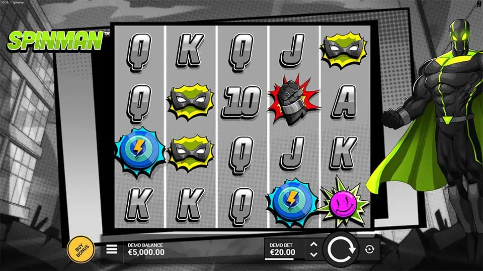 Main game screen of Spinman featuring comic-style graphics, superhero symbols, and a base grid filled with wilds, masks, and special icons.