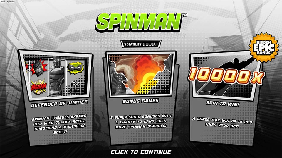 Introduction screen for Spinman highlighting key features such as wild Justice reels, bonus games, and the chance to win up to 10,000x the bet.