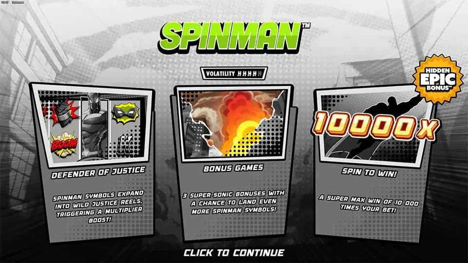 Introduction screen for Spinman highlighting key features such as wild Justice reels, bonus games, and the chance to win up to 10,000x the bet.