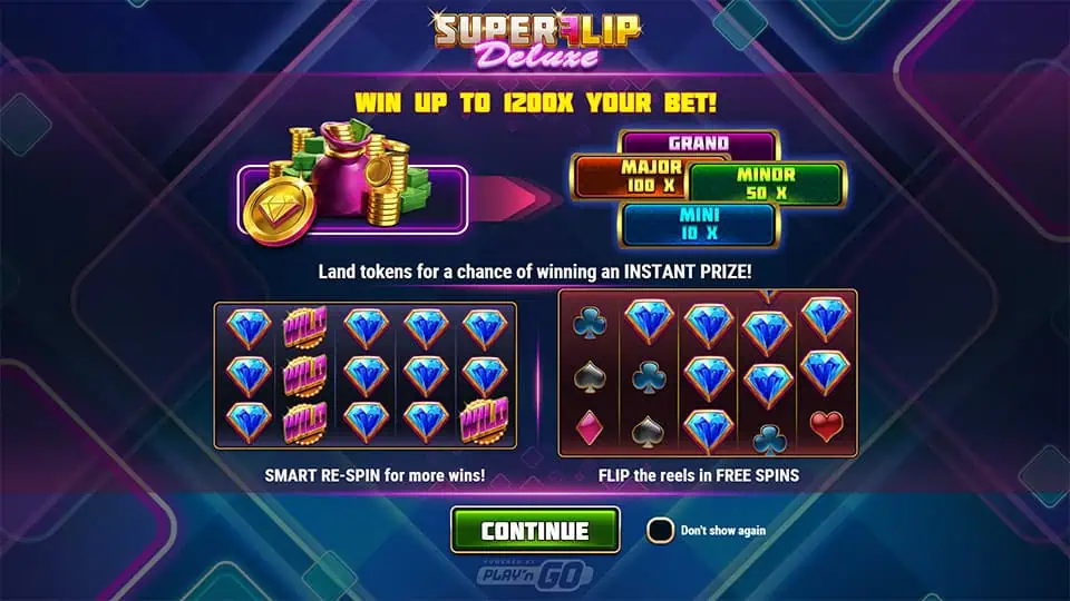 Welcome screen with game features like instant win tokens, free spins, and jackpot levels.
