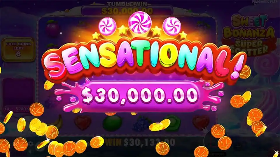 “Sensational!” win splash with lollipops, sparkles, and golden coins flying.