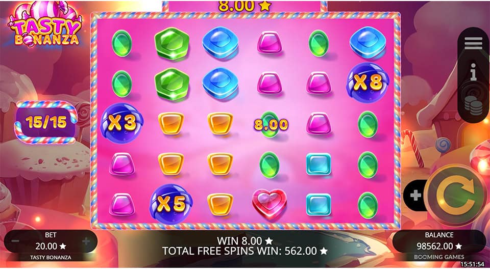 Free spins round in Tasty Bonanza showing multiplier candies like x3, x5, and x8 landing on the reels.