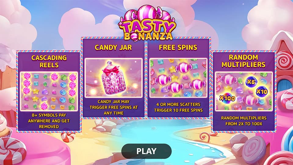 Tasty Bonanza homepage screen introducing features like Cascading Reels, Candy Jar, Free Spins, and Random Multipliers.