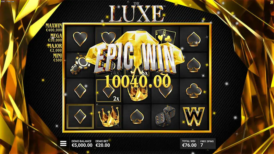 Epic Win message with diamonds and golden glow showing a big win and 5x multiplier.
