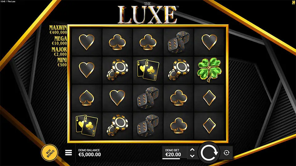 Slot grid with golden clover, poker chips, and cards on a black and gold interface.