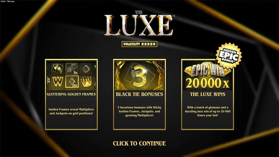 Intro screen with details on Luxe features like multipliers, golden frames, and max win of 20,000x.