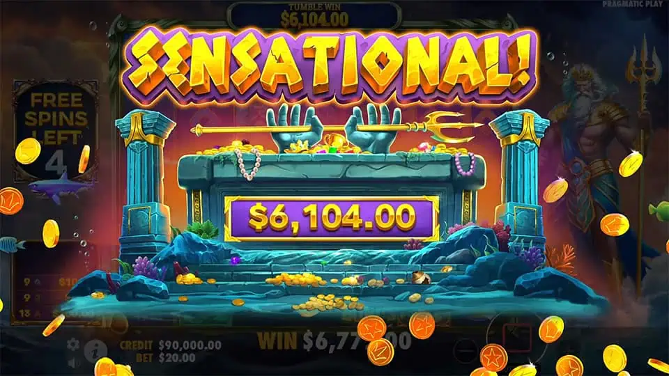 $6,104.00 win with treasure-filled altar and gold coins flying across deep-sea temple.