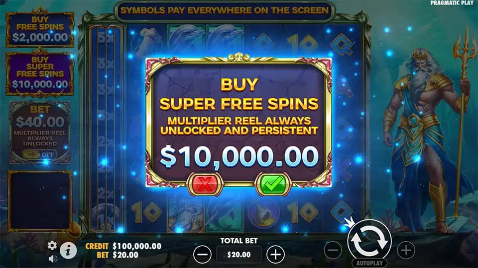 Buy Super Free Spins with persistent multiplier reel feature menu.