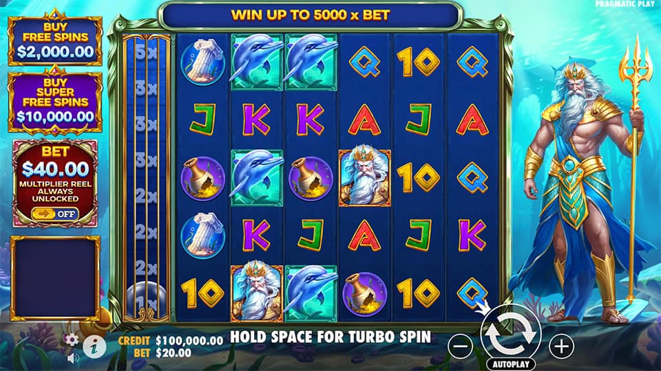 Underwater reels packed with dolphins, vases, and Poseidon symbols across 6 reels.