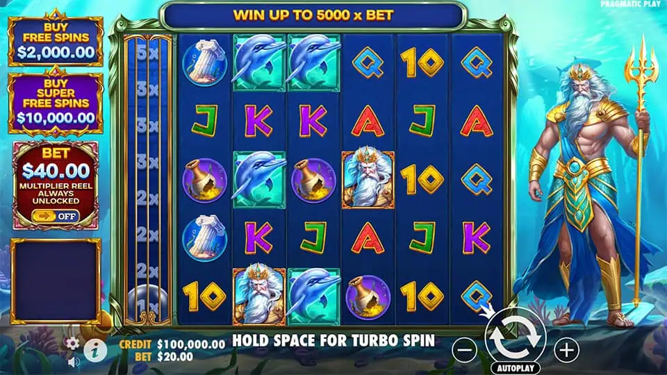 Underwater reels packed with dolphins, vases, and Poseidon symbols across 6 reels.