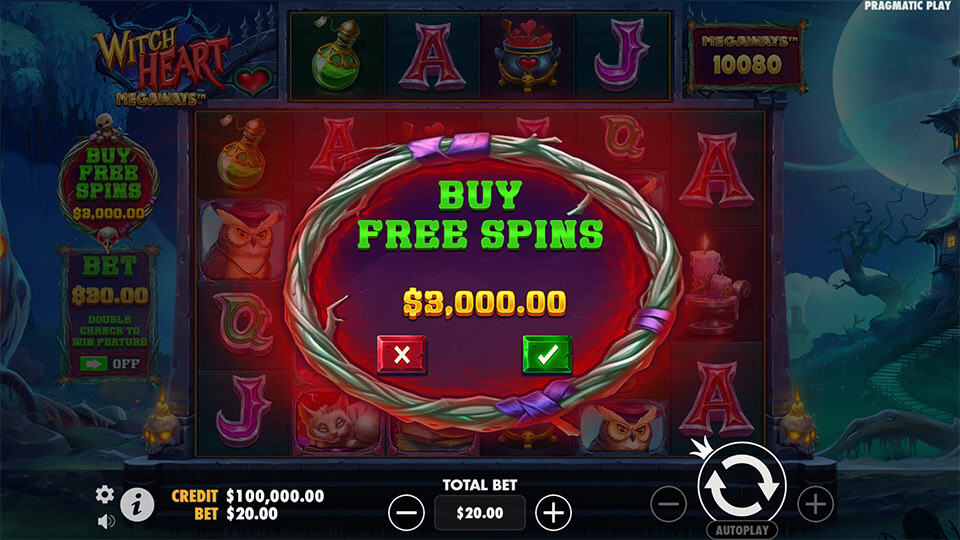 Witch Heart Megaways buy feature screen offering instant access to free spins for $3,000 within a magical wreath frame.