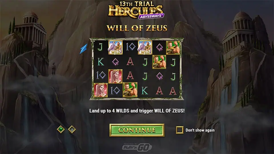 Intro screen explaining the Will of Zeus feature, with reels and up to 4 wilds shown against ancient temple cliffs.