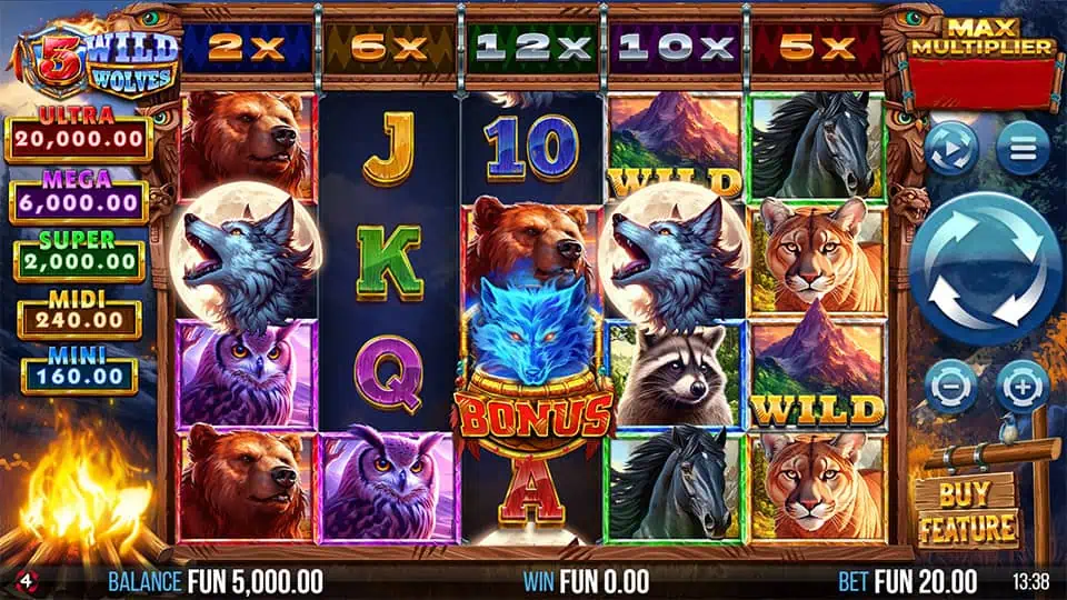 Slot reels filled with animals like bears, cougars, wolves, and wild symbols with visible multipliers.