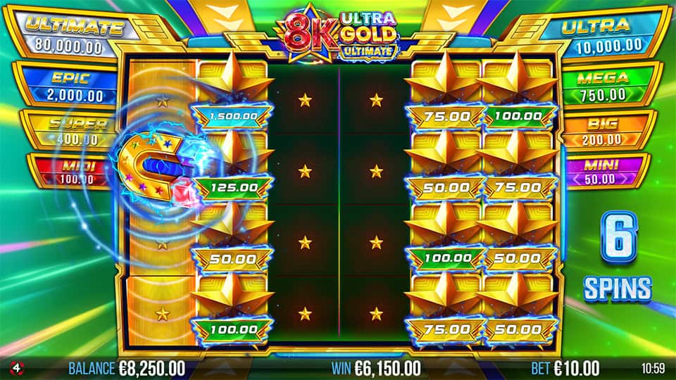 Highlighted collector magnet symbol triggering prize collection from surrounding money symbols.