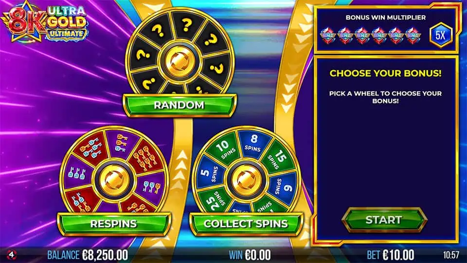 Bonus feature selection wheels for random, respins, and collect spins, offering varied bonus modes.