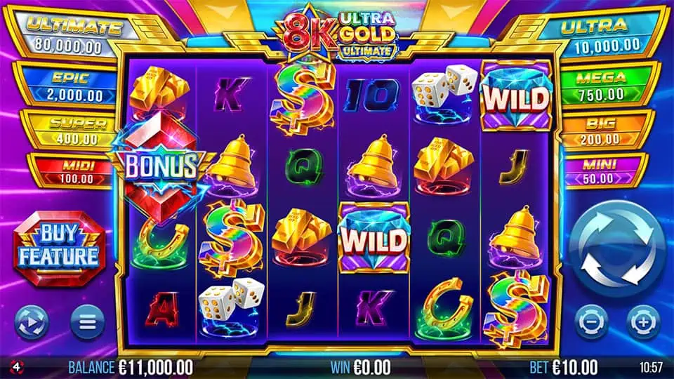 Slot screen featuring colorful reels with bonus symbols, wilds, gold bars, and gem-styled letters.
