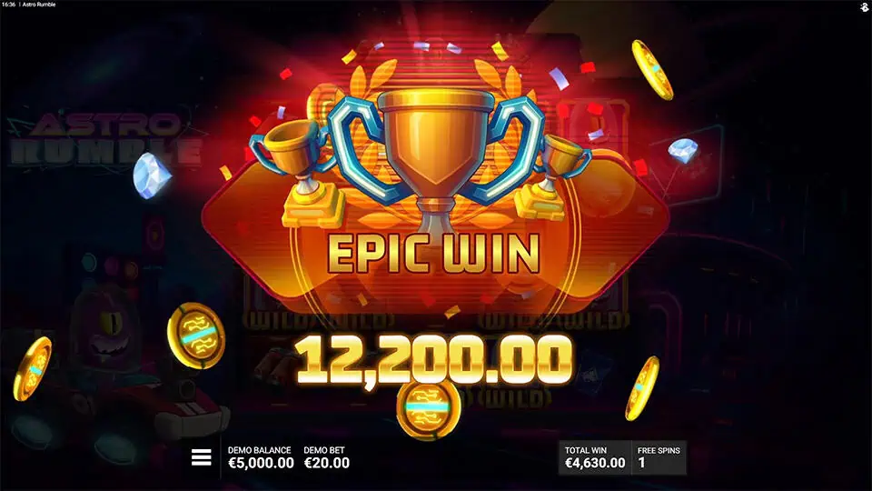 Epic Win display with golden trophies, glowing coins, and confetti in deep space.