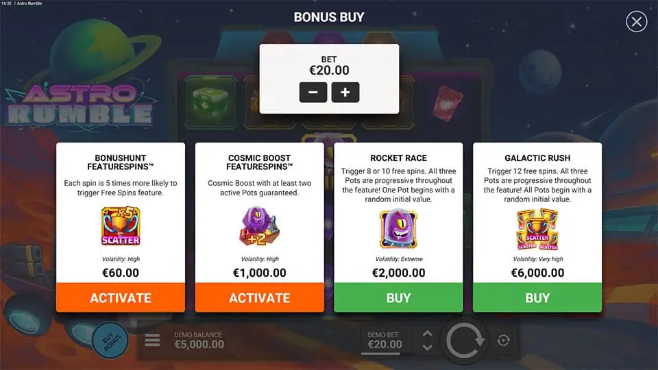 Bonus buy screen with four spin features including Cosmic Boost, Rocket Race, and Galactic Rush.