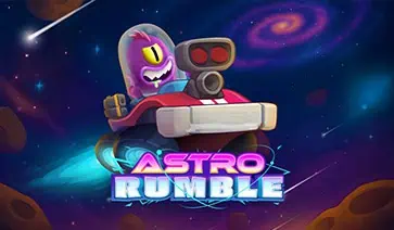 Astro Rumble slot logo with a purple alien in a space kart flying through a galactic background.