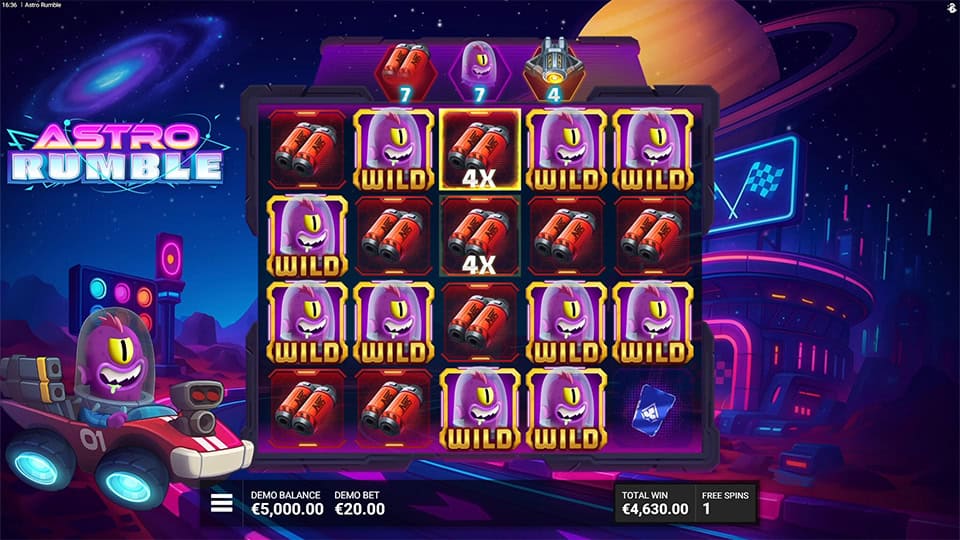 Full reels stacked with wilds, nitro tanks, and multiplier indicators in a race-themed setup.