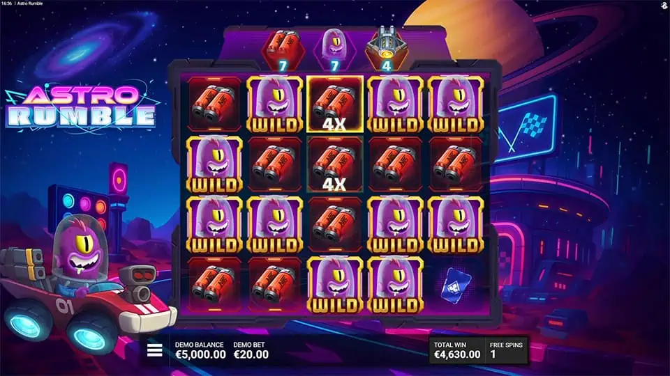 Full reels stacked with wilds, nitro tanks, and multiplier indicators in a race-themed setup.