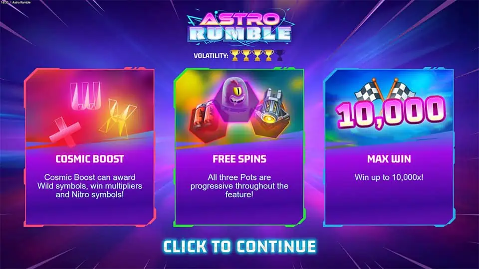 Intro screen showing max win, cosmic boost, and free spins with pot features.