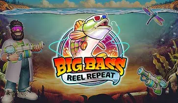 Big Bass Reel Repeat logo featuring a colorful bass fish, set against an underwater fishing scene with cartoon characters.