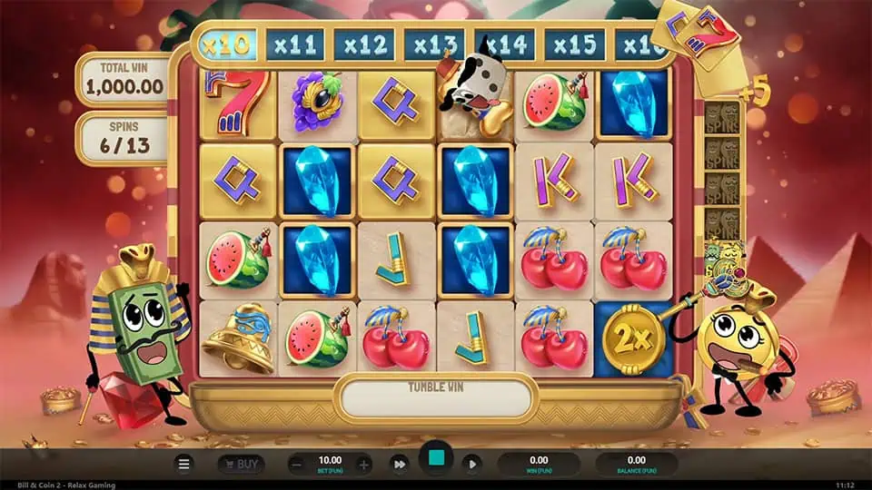 Bonus round in desert background with multiplier trail, gems, and cartoon symbols during active spins.