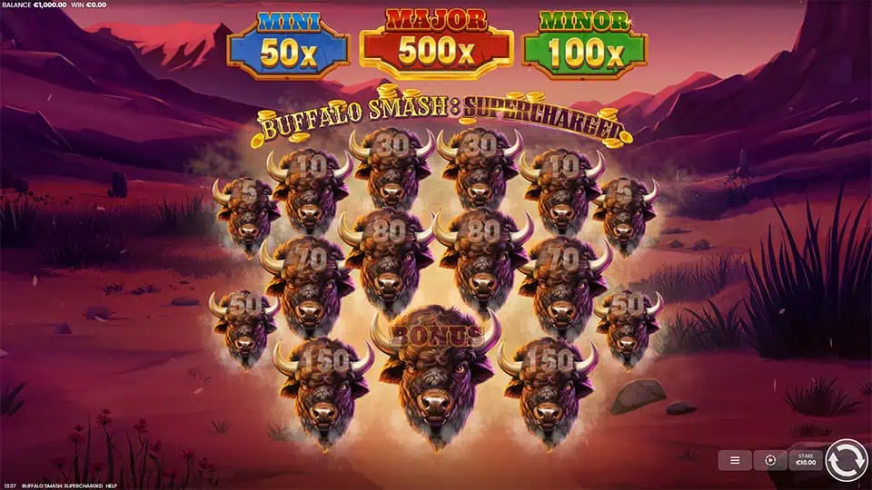 Gameplay screen with buffalo heads showing various coin values under Mini (50x), Major (500x), and Minor (100x) jackpot tiers.