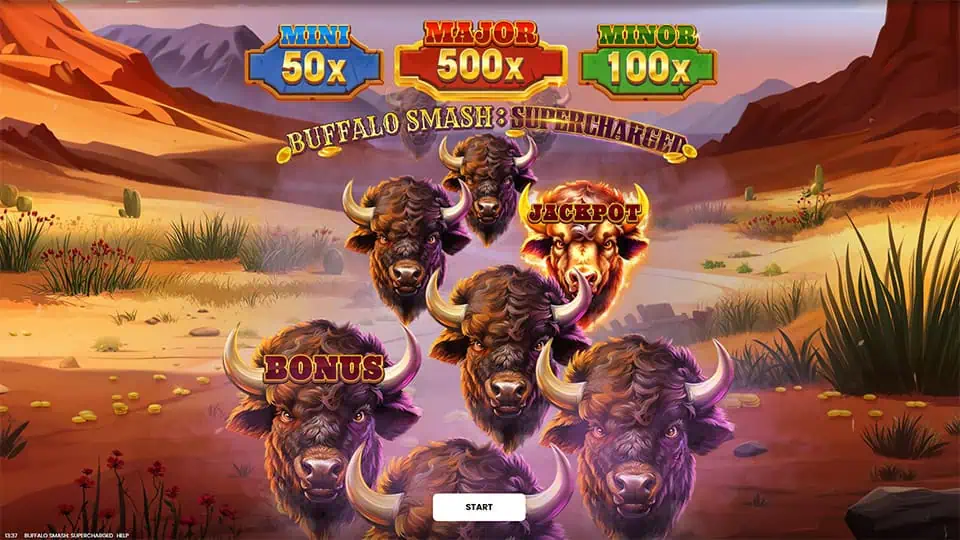 Start screen with buffalo characters, jackpot tiers above, and a “Start” button in a bright desert landscape.