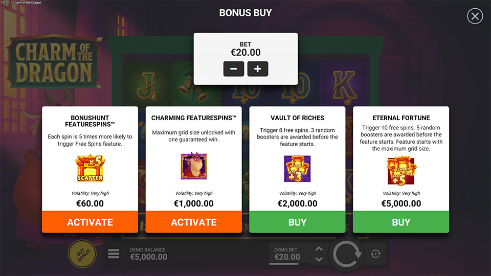 Bonus Buy menu offering four featurespins options, including increased scatter chances, boosters, and max grid spins.