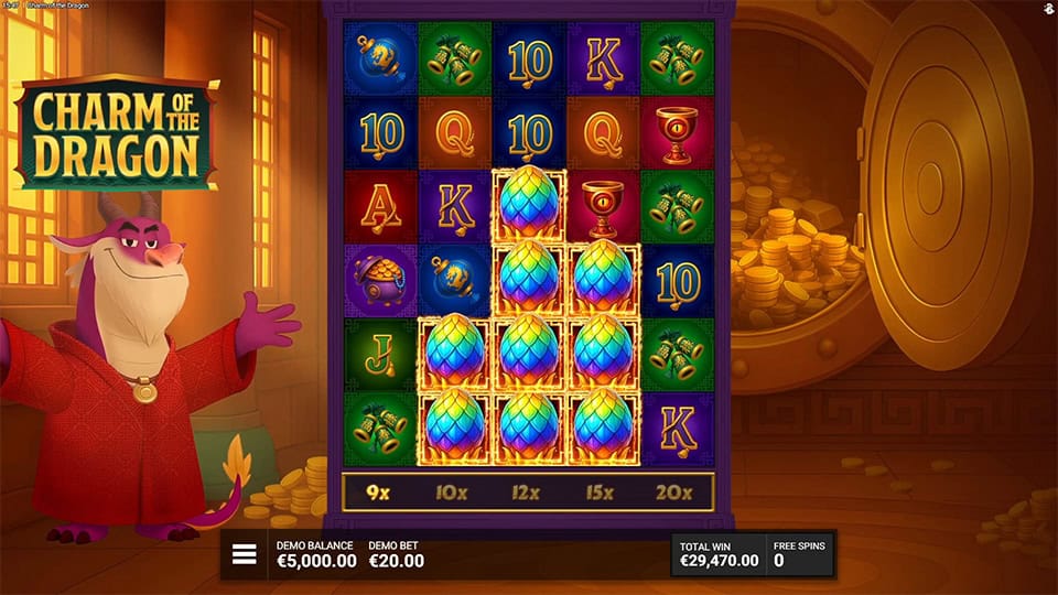 Slot screen showing 3x3 grid with matching symbols, multiplier rows from 1x to 5x, and mystery symbol icons.